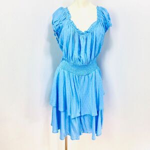 Rue + Blue Dotted Swiss Romper 2X Rayon Elastic Waist & Neck Ruffles Boho Fairy